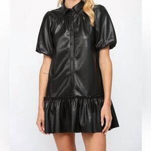 Fate Vegan Feminine Ruffle Hem Black Pleather Dress S
